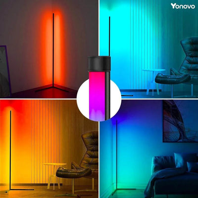 Moderne LED hoeklamp met verstelbare kleuren in woonkamer, sfeerverlichting, minimalistisch design.