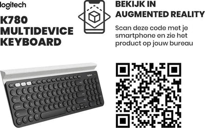 Logitech K780 multidevice toetsenbord met QR-code voor augmented reality weergave.