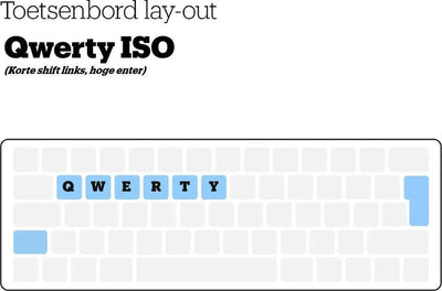 Qwerty ISO toetsenbord lay-out met korte shift links en hoge enter, uitgelichte toetsen.