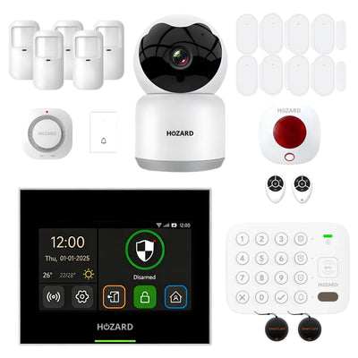 Complete wit huisbeveiligingssysteem met camera, sensors, alarm, sirene en bedieningspaneel.