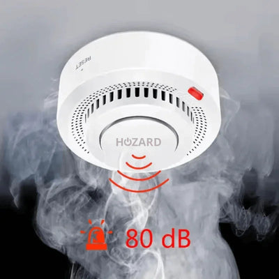 Rookmelder met sirene van 80 dB, witte alarmsensor aan plafond met rookdetectie