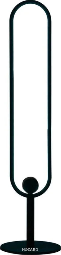 Zwarte, moderne bladvormige ventilator zonder bladen, vrijstaand op ronde voet, minimalistisch design.