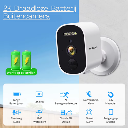 2K Beveiligingscamera Binnen & Buiten – Draadloze Accu WiFi Camera - inclusief 32GB SD Kaart - A T/M D