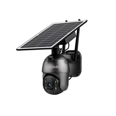 Zwarte beveiligingscamera met zonnepaneel, outdoor beveiliging, HD-lens en infrarood sensoren
