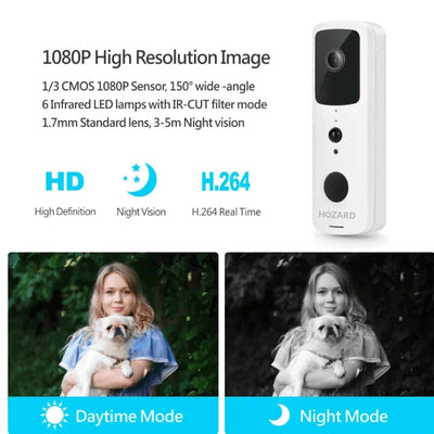 Bewegingssensor deurbelcamera met HD 1080p beeld, dag- en nachtzicht, infrarood LED, voorbeeldfoto's van dag- en nachtmodus.