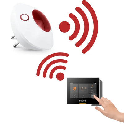 Draadloze plug-in sirene verbonden met smart alarmsysteem, touchscreen bediening en wifi-icoon