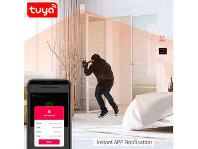 Inbraakdetectie met bewegingssensor en smartphone app-melding in moderne slaapkamer