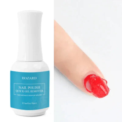 Nagellak verwijderaar flesje naast vinger met rode nagellak, snelle gelremover