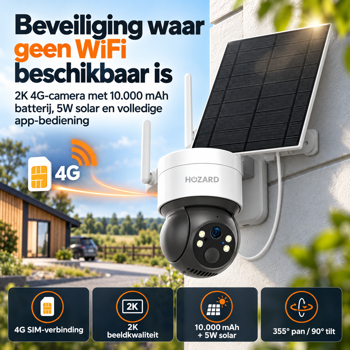 4G Beveiligingscamera - 2K PTZ - IP65 Solar - 10.000 mAh