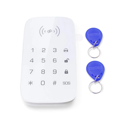 Draadloos alarm keypad met touchscreen en twee blauwe RFID-tags, beveiligingssysteem
