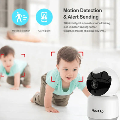 Beveiligingscamera met bewegingsdetectie, twee kruipende baby's en waarschuwingsfuncties.