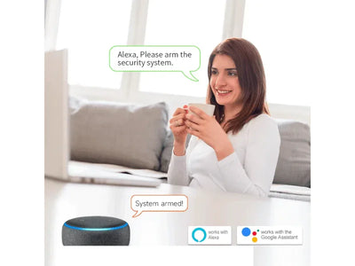 Vrouw activeert beveiligingssysteem via spraakbesturing met Alexa en Google Assistant integratie.