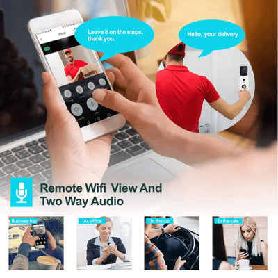 Beveiligingscamera met wifi, live videobeeld en tweeweg audio via smartphone-app, pakketbezorger aan deur.