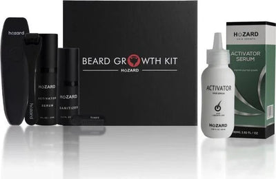 Baardgroei kit met activator serum, roller en baardverzorging producten tegen witte achtergrond.