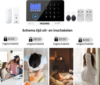 Slim alarmsysteem met touchscreen bedienpaneel, sensoren, afstandsbedieningen en overzicht timerschema.