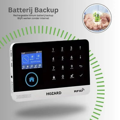 Draadloos alarmsysteem met touchscreen, keypad, RFID-lezer en batterij backup icoon.
