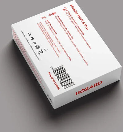 Verpakking van Mobile WiFi 5 Pro router, wit doosje met rode tekst en barcode.