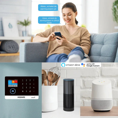 Vrouw bedient alarmsysteem via smartphone, smart home panel, Amazon Alexa, Google Assistant speakers