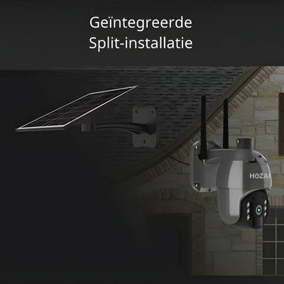Beveiligingscamera met zonnepanelen, muurmontage, nachtzicht en wifi-antennes buiten.