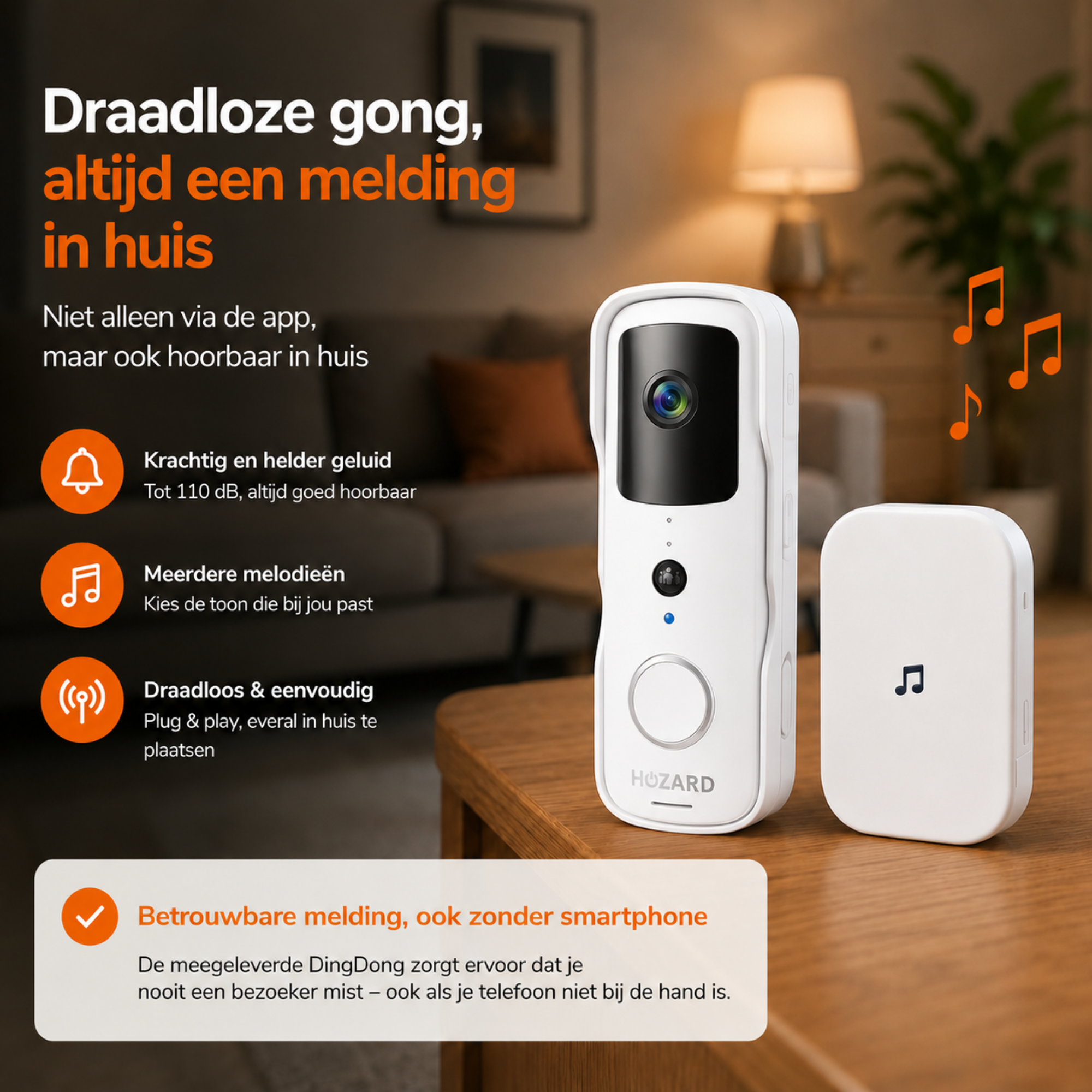 Deurbel met Camera en DingDong - Draadloze Video Deurbel - 5200 mAh - Wit