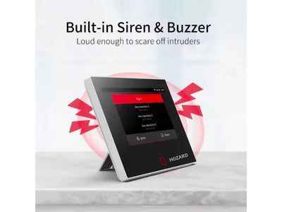 Zwart beveiligingspaneel met touchscreen, ingebouwde sirene en buzzer op witte achtergrond