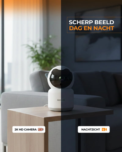 2K HD beveiligingscamera met nachtzicht op tafel in moderne woonkamer, geschikt voor dag en nacht
