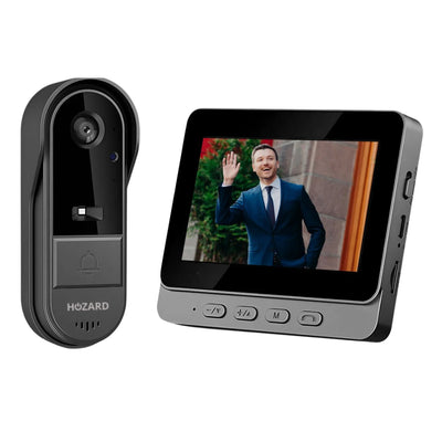 Draadloze video deurbel met camera en display, beveiligingsmonitor toont bezoeker.