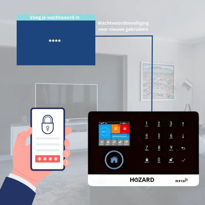 Smart beveiligingssysteem met touchscreen keypad, wachtwoord invoeren, huiselijke omgeving