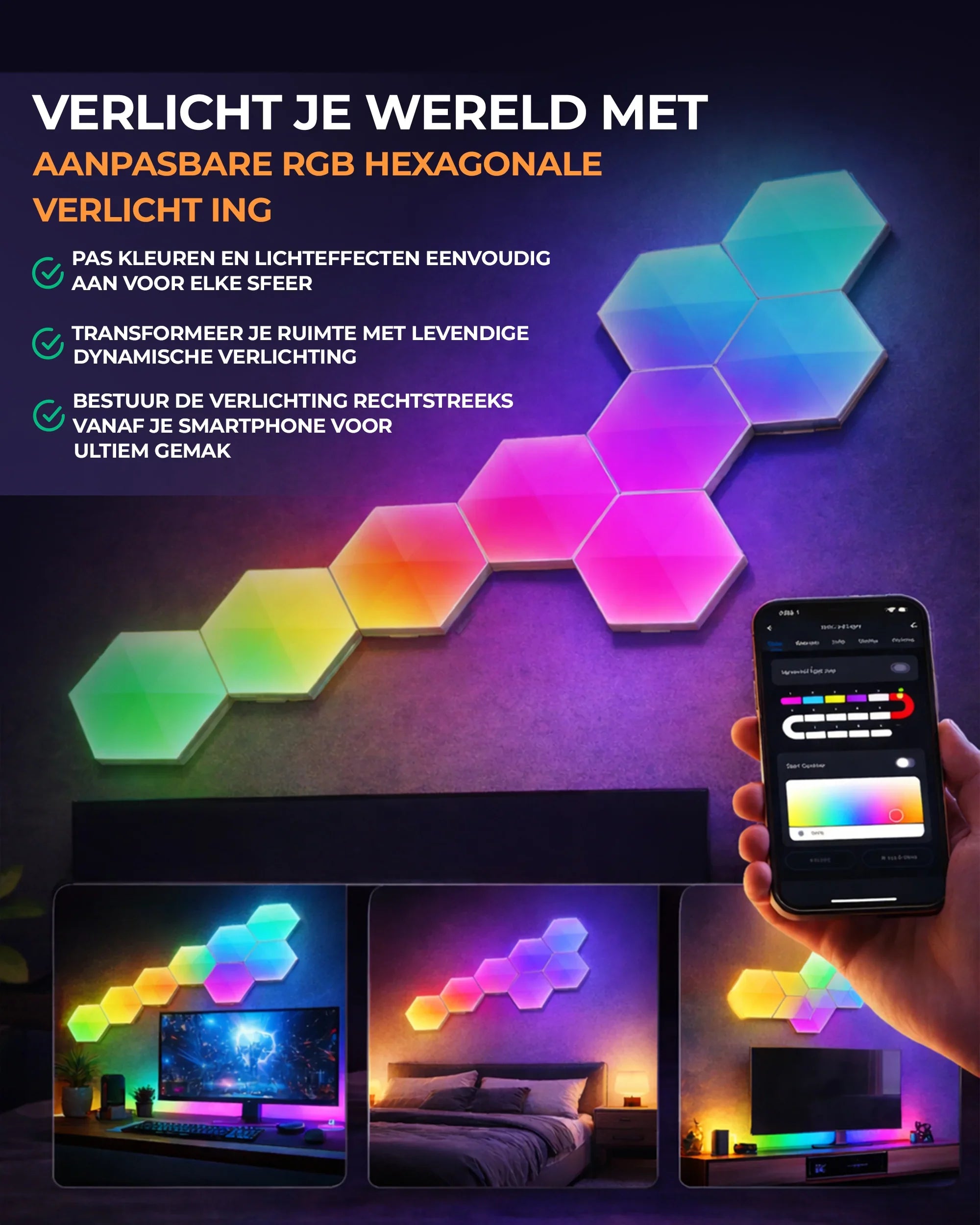 RGB hexagonale wandlampen met kleurverlichting, verstelbaar via smartphone, boven bureau en bed.