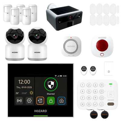 Alarmsysteem set met touchscreen bedieningspaneel, sensoren, camera’s, sirene en accessoires.