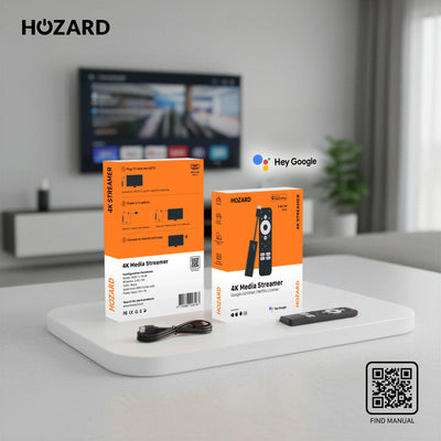 4K media streamer met afstandsbediening en verpakking op tafel, smart tv op achtergrond.