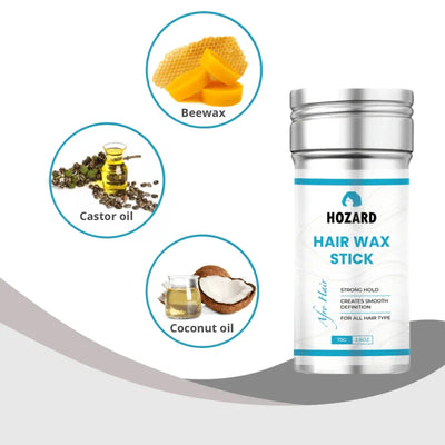 Hair wax stick met bijenwas, castorolie en kokosolie ingrediënten, haarstyling product.
