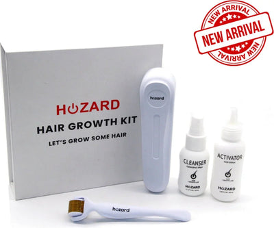 Haargroei set met dermaroller, cleanser en activator serum tegen witte achtergrond