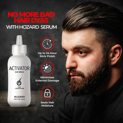 Man met glad gestyled haar en baard naast activator haargroeiserum, haarverzorging product
