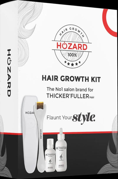 Haar groei kit verpakking met activator serum en dermaroller voor dikker haar