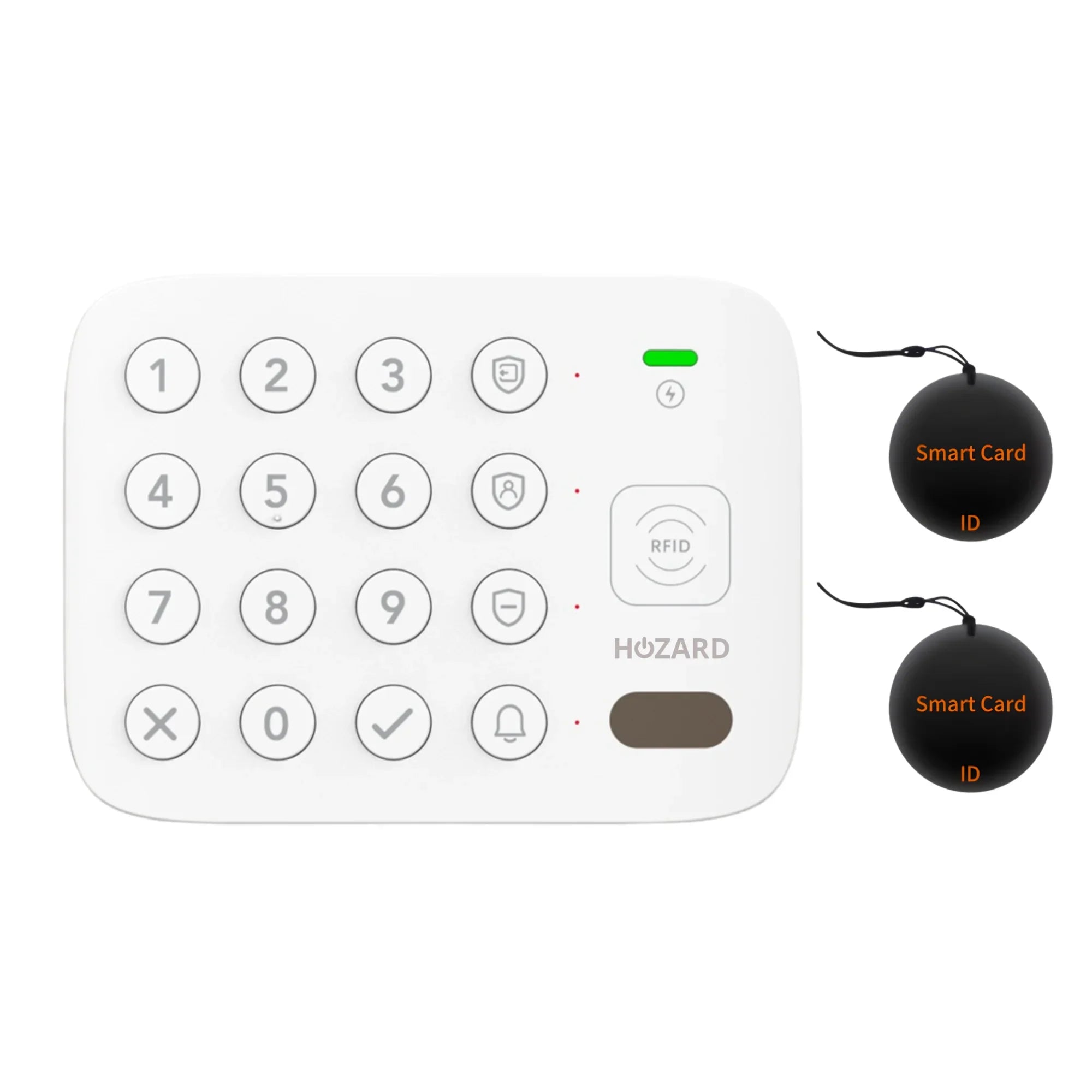 Wit digitaal bedieningspaneel met toetsenbord, RFID-scanner en twee zwarte smartcards voor beveiligingssysteem.