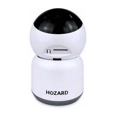 Witte en zwarte beveiligingscamera met ronde vormen en sleuf voor SD-kaart, Hozard logo zichtbaar