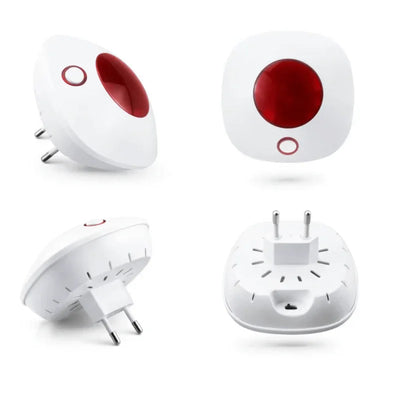 Witte elektronische stekker met rood alarmlicht, vier perspectieven, geschikt voor beveiliging