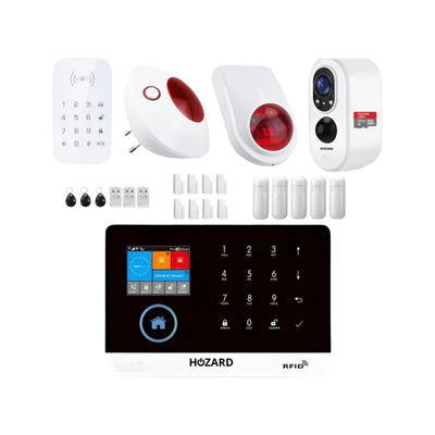Draadloos alarmsysteem met touchscreen bedieningspaneel, camera, sensoren en afstandsbedieningen