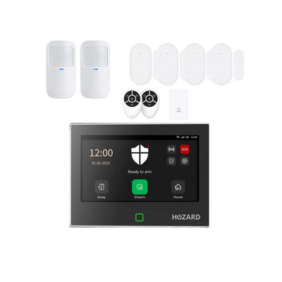 Draadloos alarmsysteem met touchscreen bedieningspaneel, bewegings- en deursensoren, afstandsbedieningen.