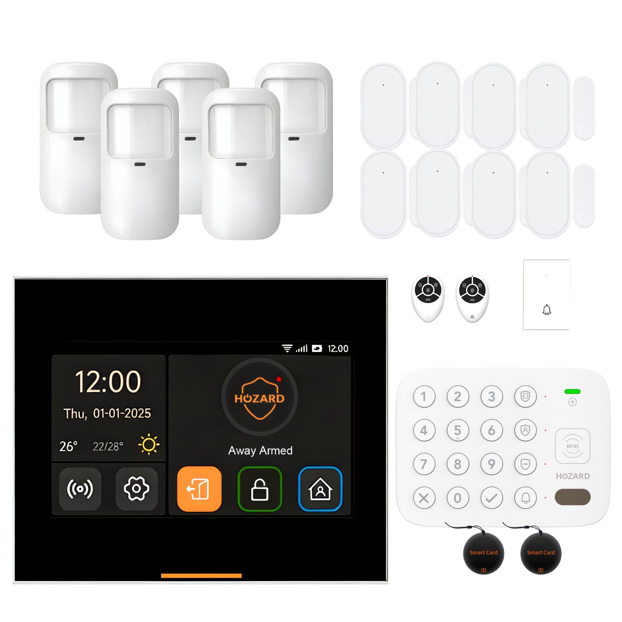 Draadloos alarmsysteem met bewegingssensoren, magneetcontacten, bedieningspaneel en afstandsbediening.