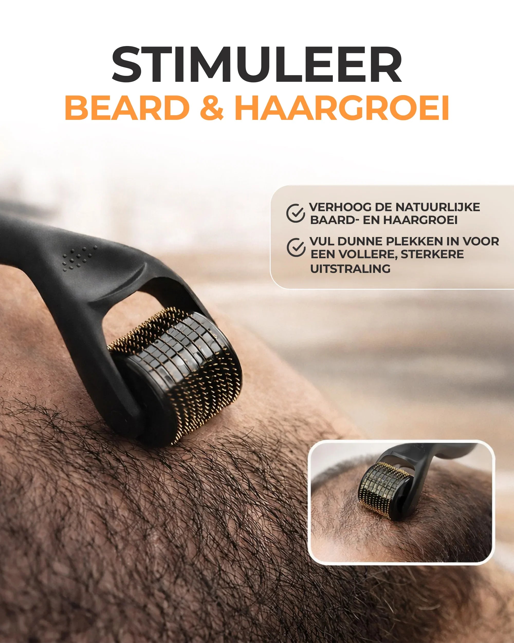 Microneedle dermaroller voor baardgroei stimulatie wordt gebruikt op gezichtshaar.