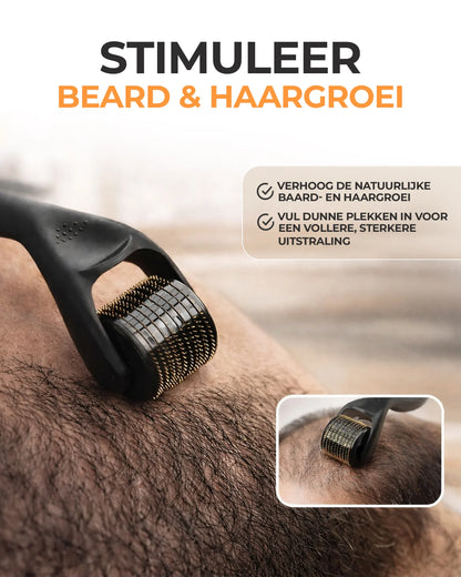 Microneedle dermaroller voor baardgroei stimulatie wordt gebruikt op gezichtshaar.