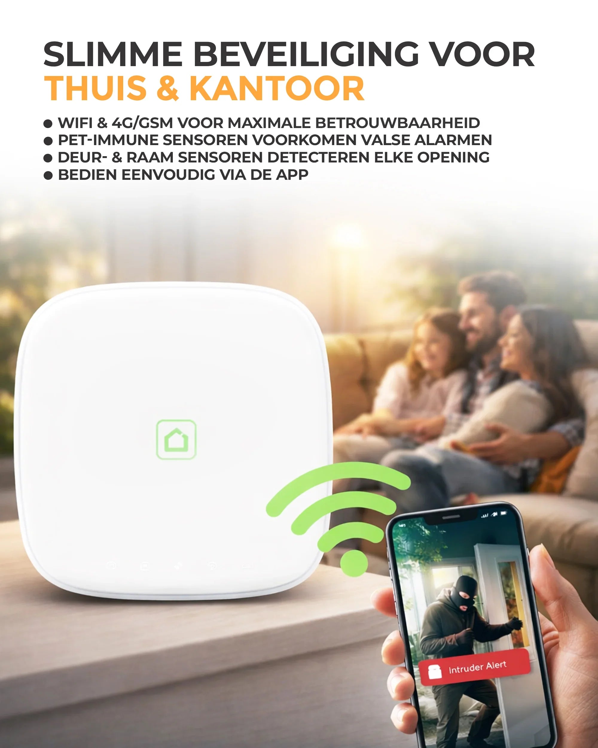 Slimme beveiligingsset met wifi en 4G voor thuis of kantoor, smartphone met inbraakmelding.
