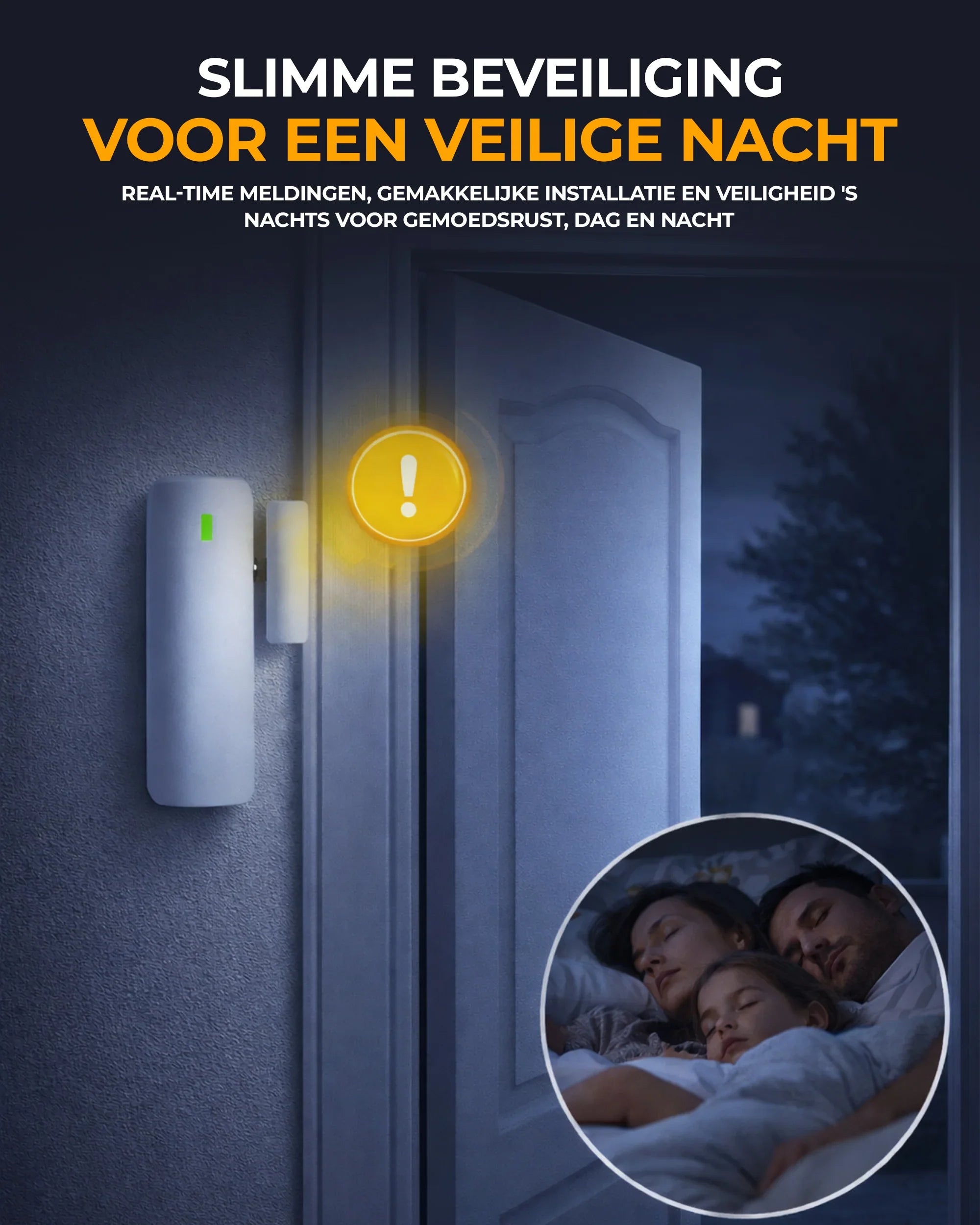 Deurbeveiligingssensor met waarschuwing, nacht, slapende familie, slimme beveiliging.