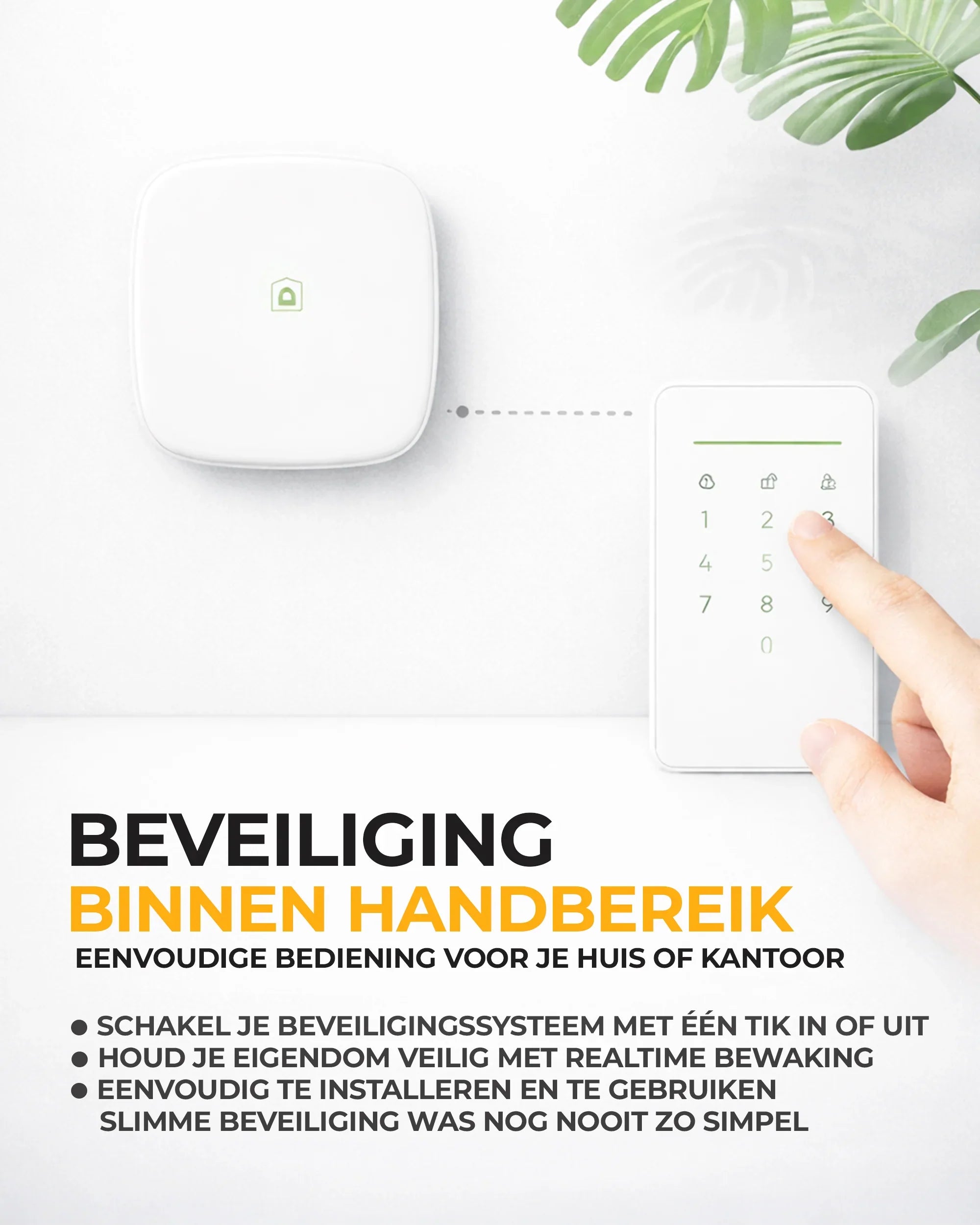Vinger bedient wit beveiligingspaneel naast slimme sensor, huisbeveiliging eenvoudig te gebruiken.
