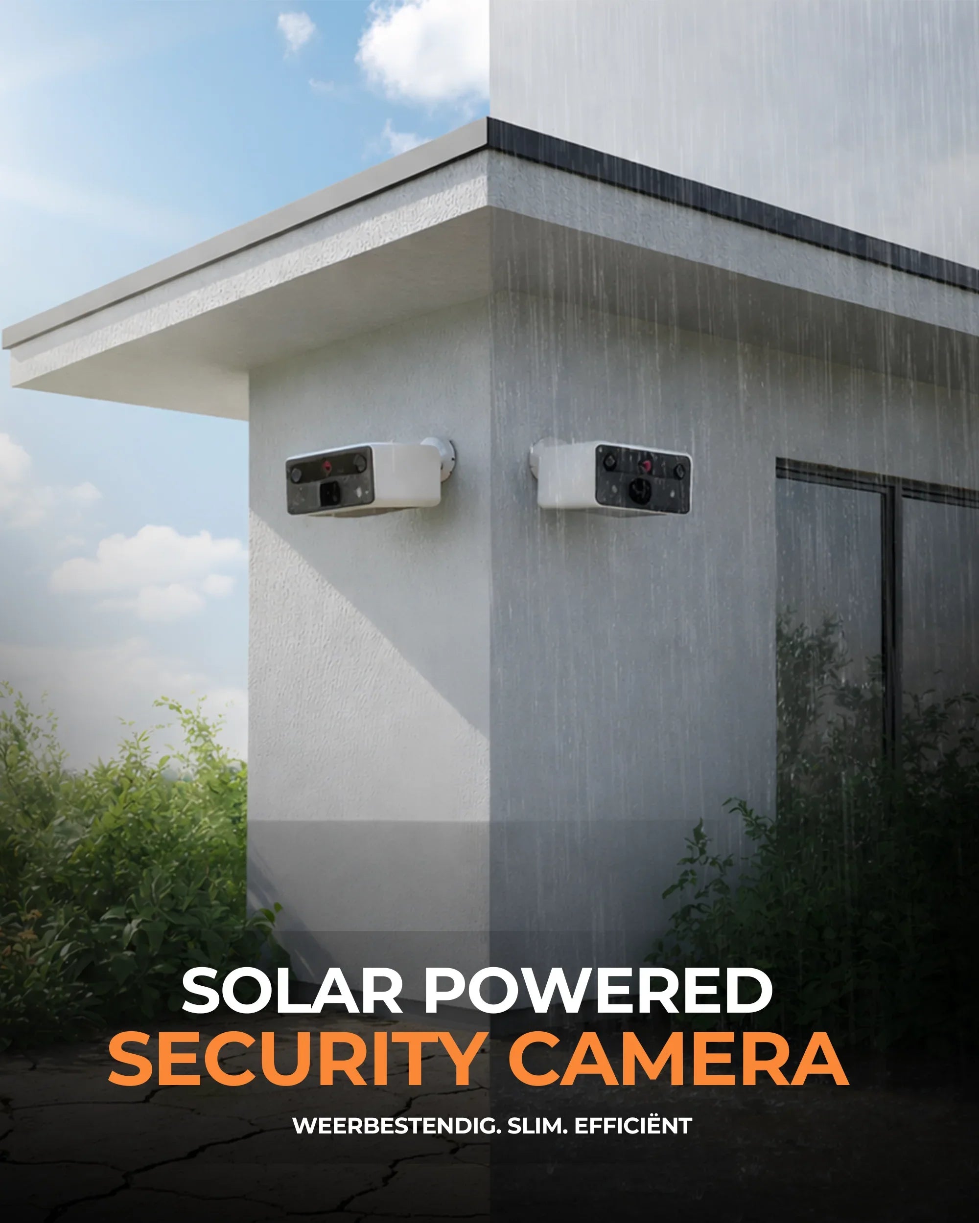 Weerbestendige solar beveiligingscamera's gemonteerd op een moderne gevel, geschikt voor regen en zon.