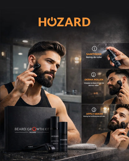 Man gebruikt baardgroeikit met dermaroller, serum en sanitizer in moderne badkamer.