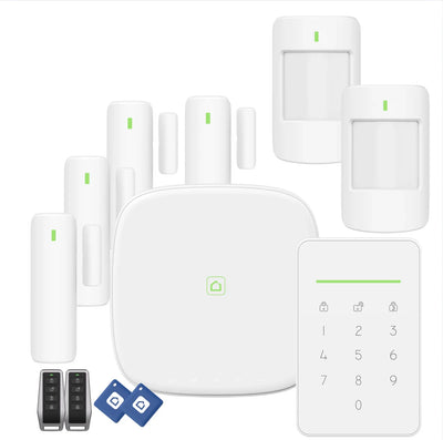Complete draadloos alarmsysteem met bewegingssensoren, deur-raamcontacten, toetsenpaneel en afstandsbediening.