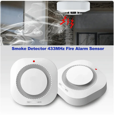 Rookmelder 433MHz draadloze brandalarm sensor met test- en dempknop, geschikt voor huisbeveiliging.
